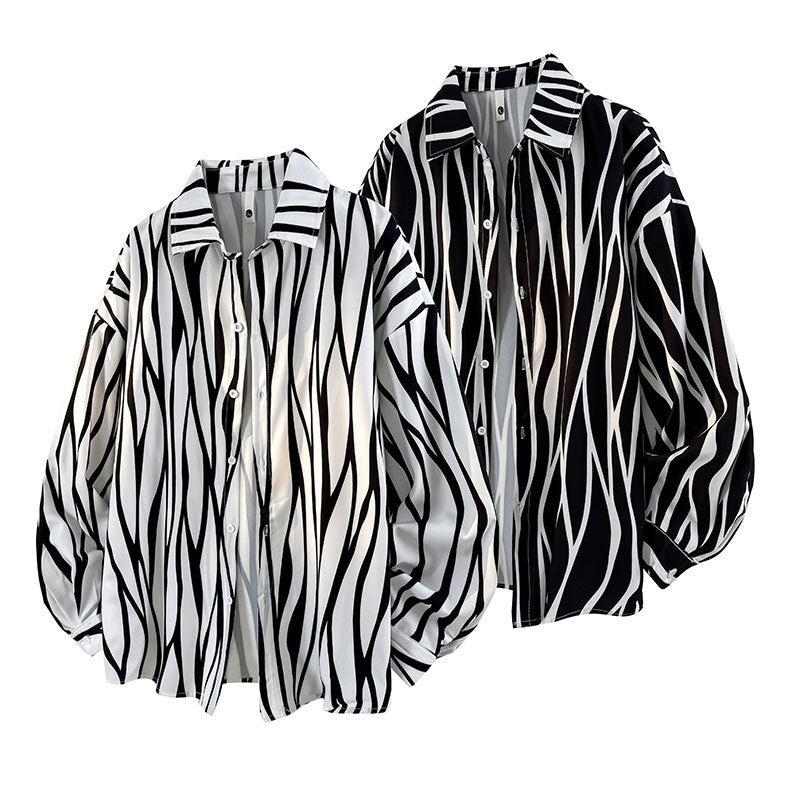 Mens Loose-fit Plus-size Striped Long-sleeve Shirt