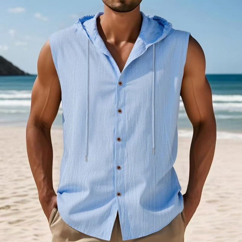 Mens Sleeveless Linen Hooded Shirt
