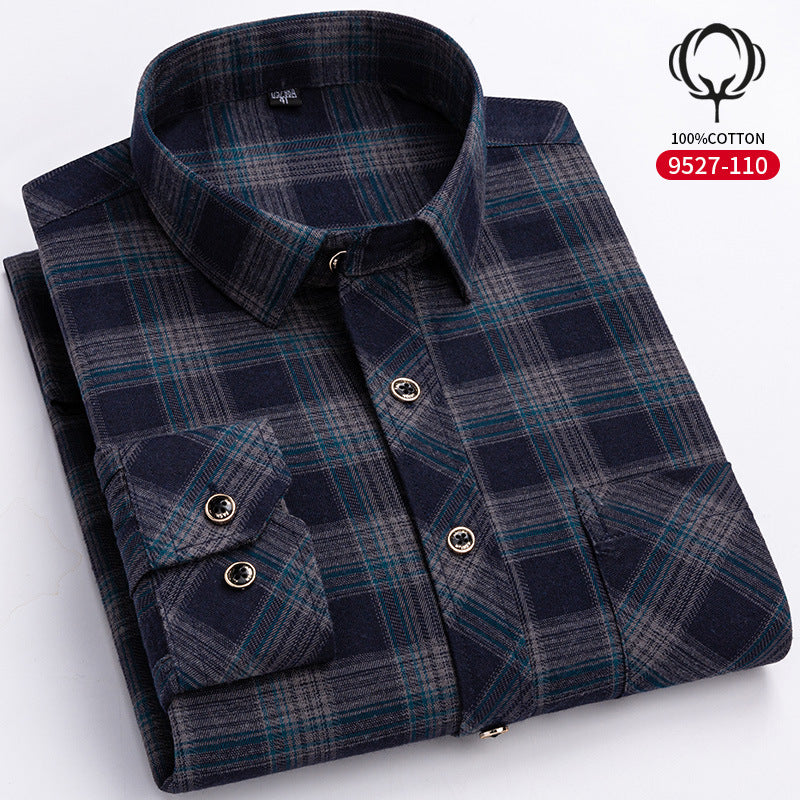 Mens Loose-fit Cotton Plaid Long-sleeve Shirt