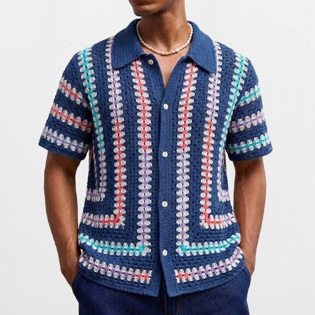 Mens Hollow-Out Cardigan Short-Sleeve Lapel Water-Soluble Knit Top