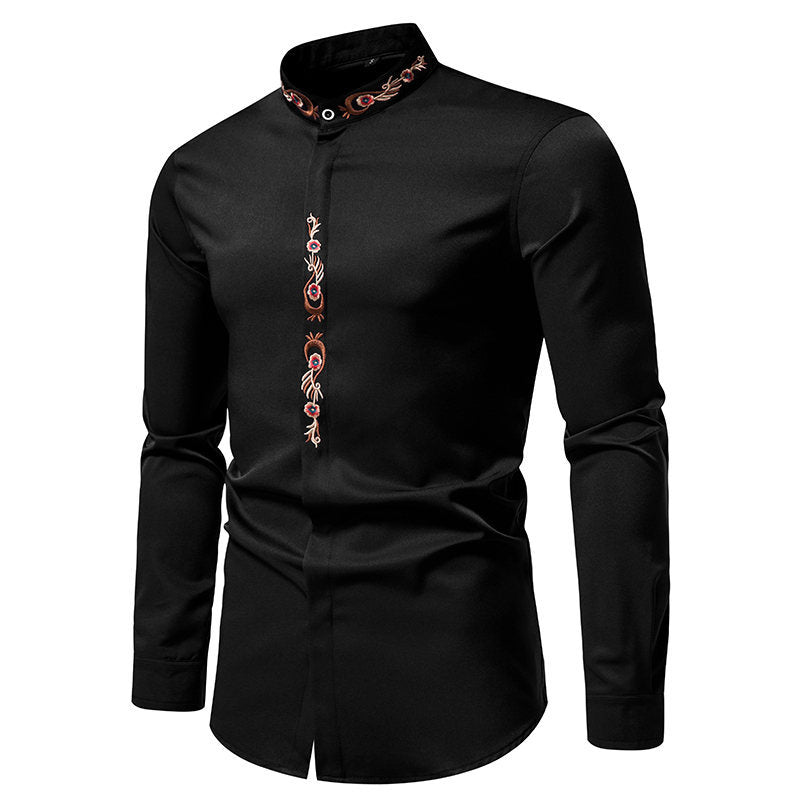 Mens Fashion Embroidered Casual Long-Sleeve Shirt