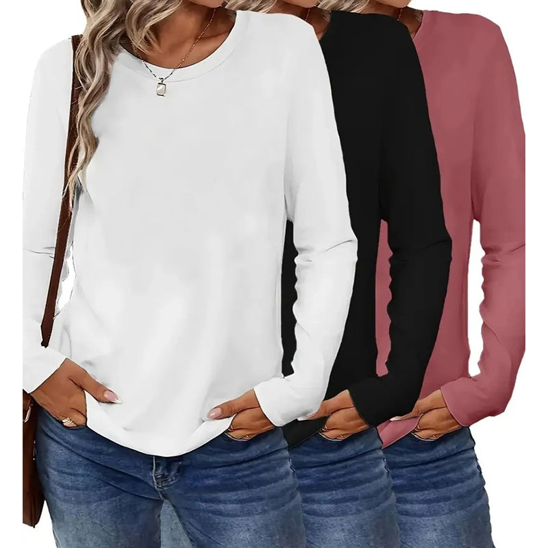 3 Pack Womens Plus Size Long Sleeve Shirts Crew Neck Basic Tee Tops Loose Fit Fall Outfits For Women 1X-5X