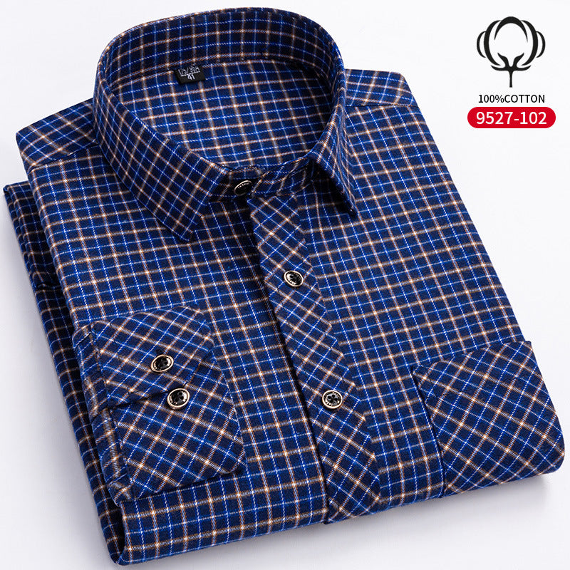 Mens Loose-fit Cotton Plaid Long-sleeve Shirt