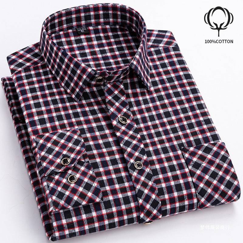 Mens Loose-fit Cotton Plaid Long-sleeve Shirt
