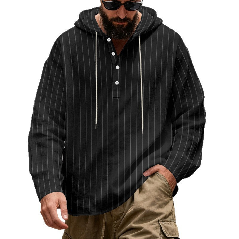 Mens Loose-Fit Plus-Size Casual Linen Striped Hooded Shirt