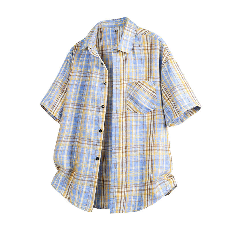 Mens Casual Short-sleeve Plaid Shirt Jacket