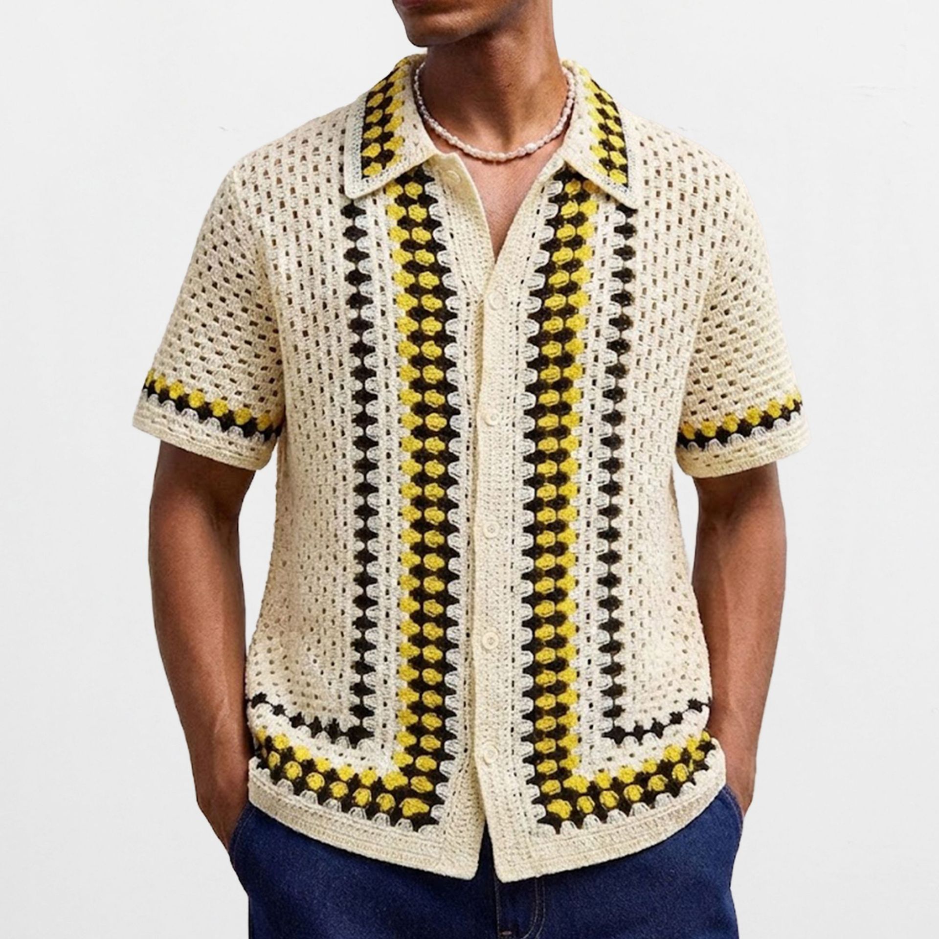 Mens Open-Back Hollow-Out Striped Knit Sweater