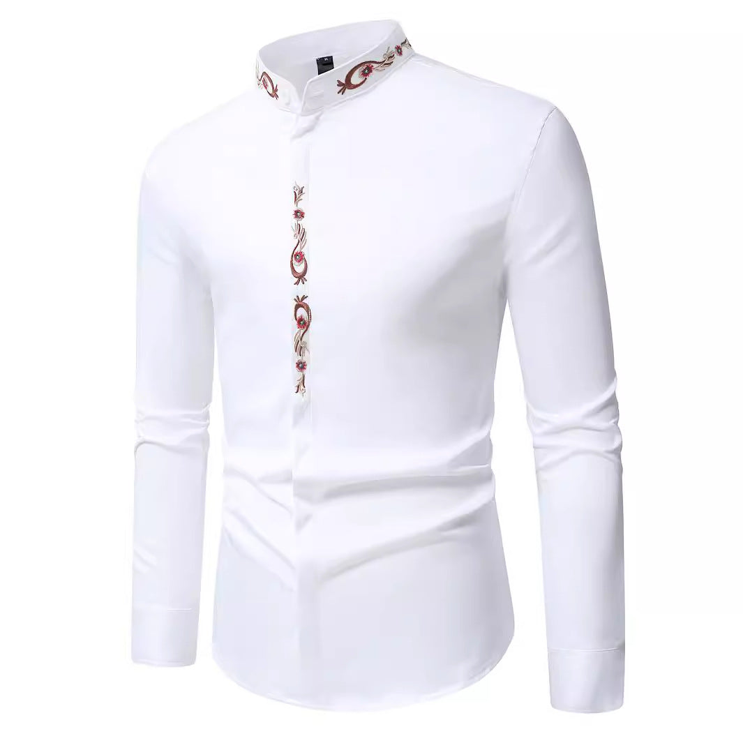 Mens Fashion Embroidered Casual Long-Sleeve Shirt
