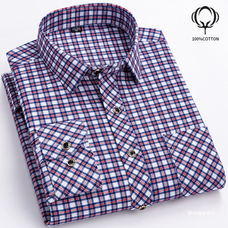 Mens Loose-fit Cotton Plaid Long-sleeve Shirt