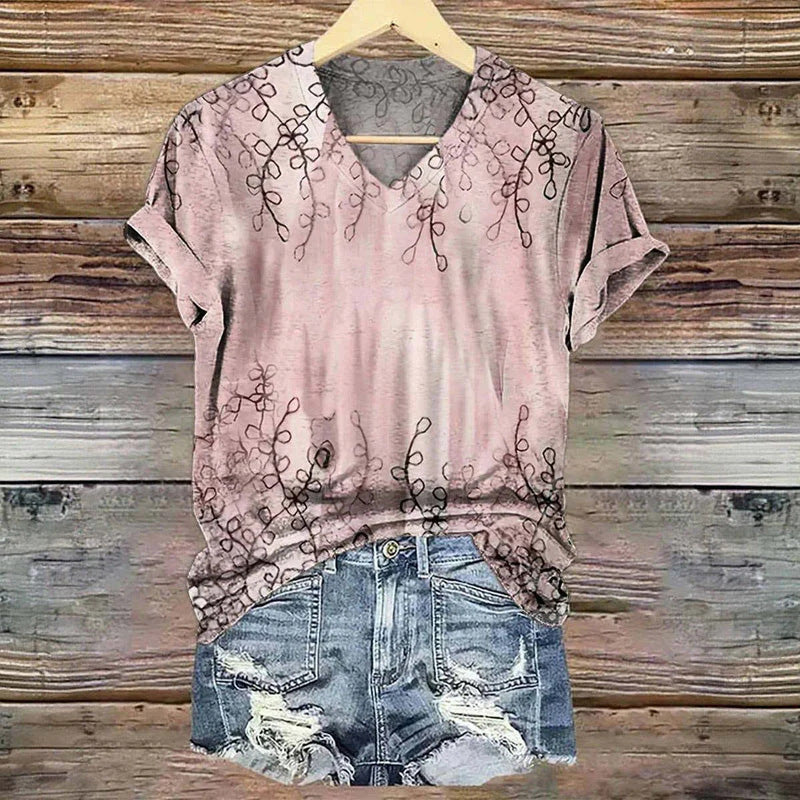 3D Digital Print T-Shirt Womens V-Neck Short-Sleeve Top
