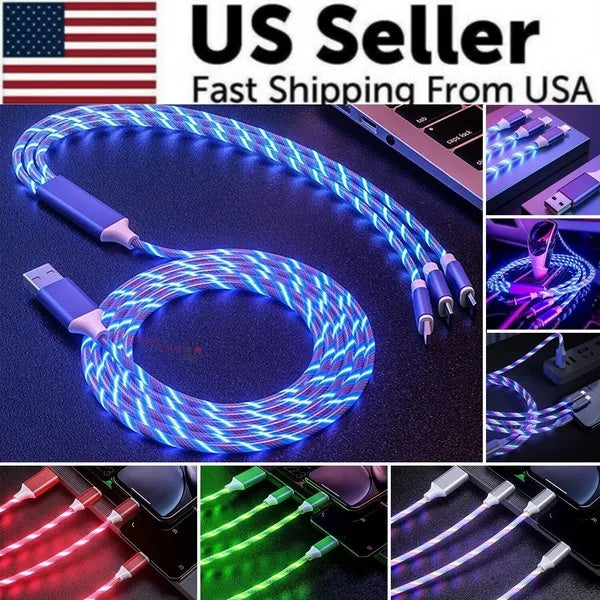 3 In 1 LED Fast Charging Cable Adapter For  Micro USB Type C Charger Cord